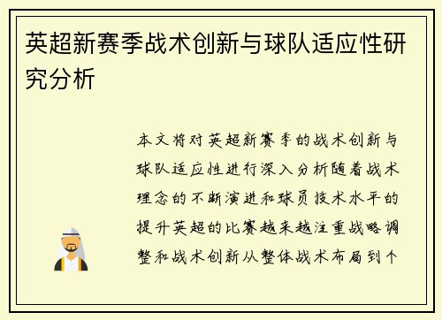 英超新赛季战术创新与球队适应性研究分析